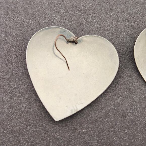 Silver Tone Metallic Heart Statement Earrings Large Dangle Drop Eclectic Bold - Picture 4 of 4